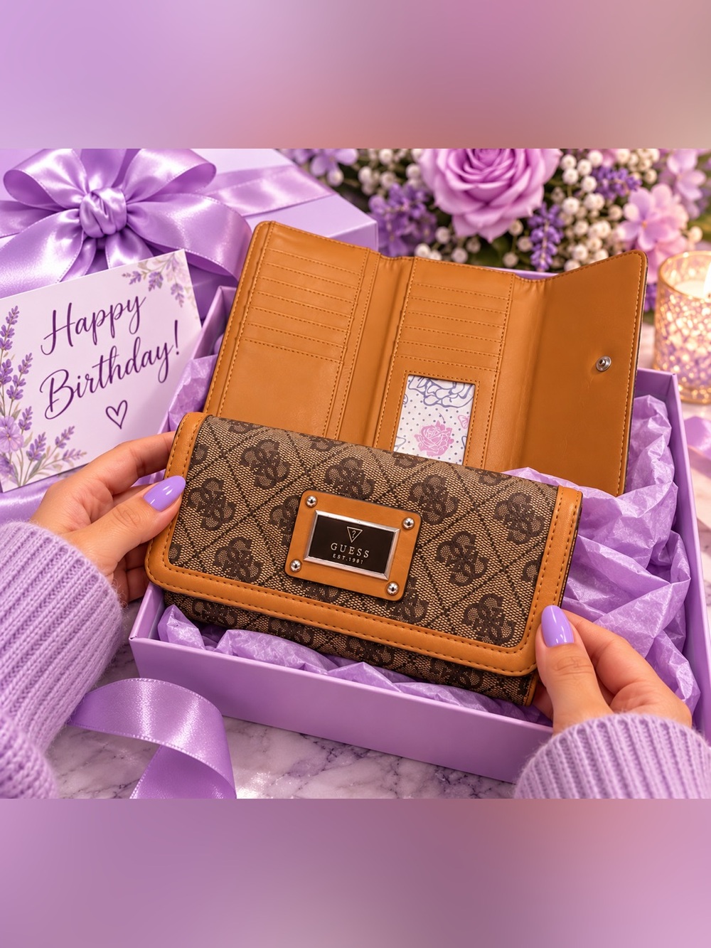 GUESS Brown Logo Print Wallet with Tan Trim
